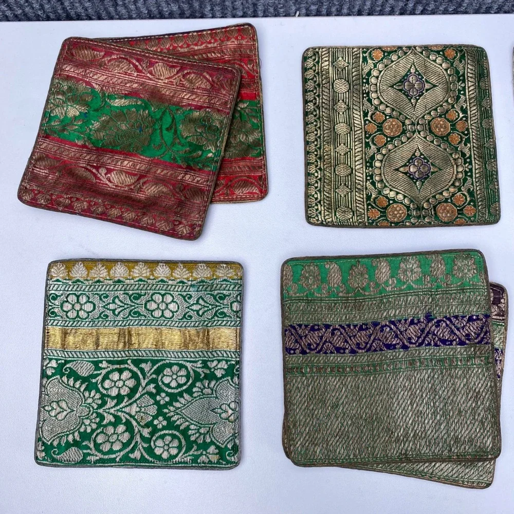 Set of 6 Vintage Brocade Fabric Coasters Multicolor Gold Metallic Embroidered
